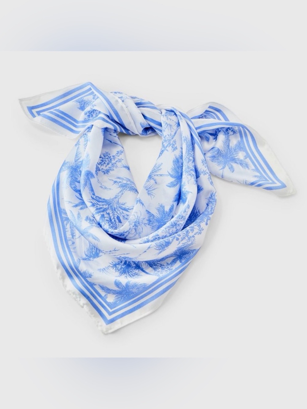 NWOT Silky Blue & White Palm Tree Patterned Square Scarf